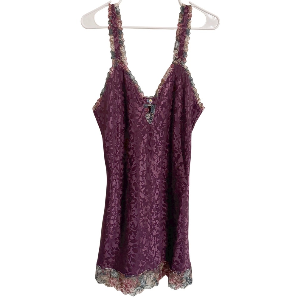 Vintage Val Mode Burgundy Floral Lace Trim Slip Nightgown Lingerie Large